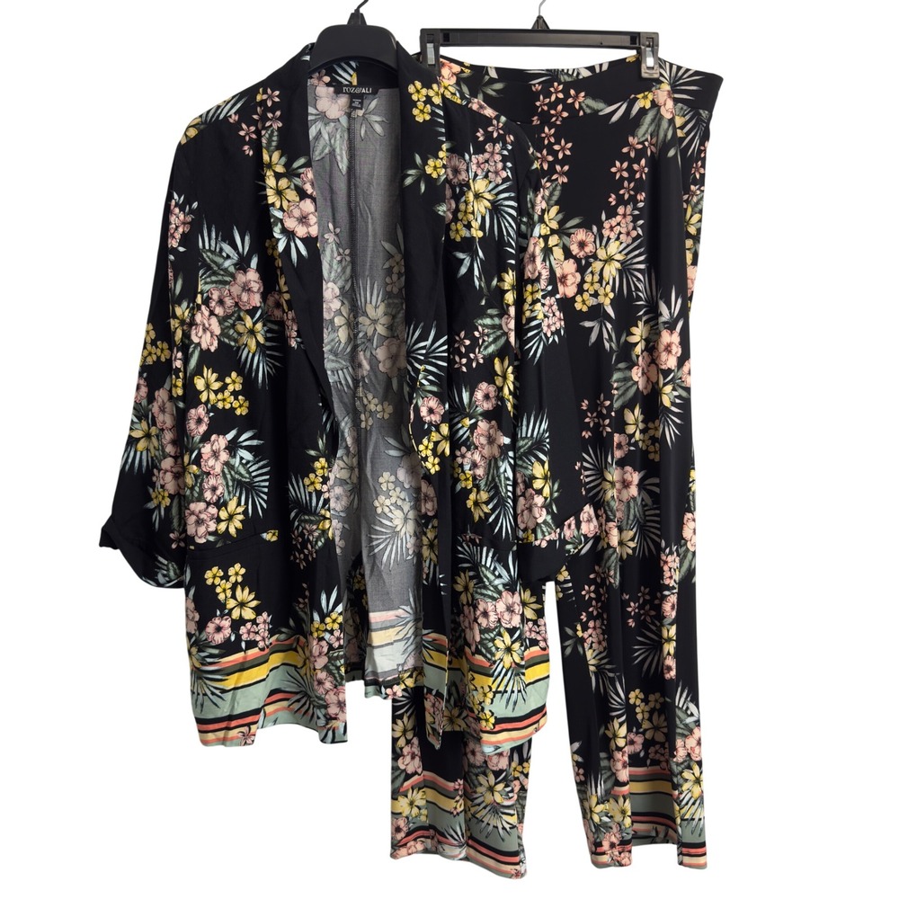 Roz & Ali Tropical Floral Blazer and Pants Set Black 3X Rayon Resort Vacation